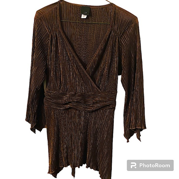 JTB Woman Tops - JTB Feminine Brown Micro Pleated V Neck Long Sleeves Babydoll Vintage Blouse.